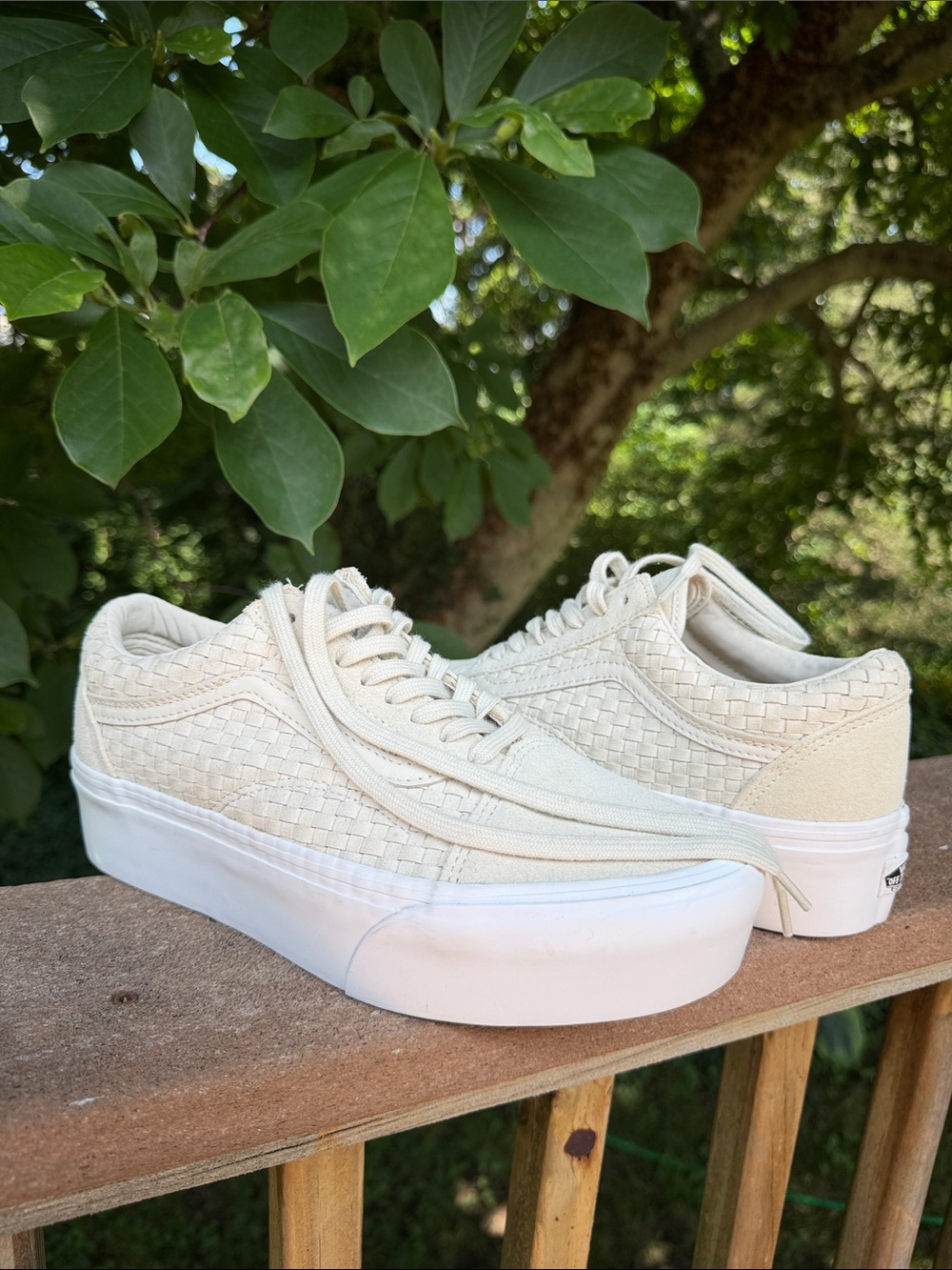 Vans Cream Platform Low Top Sneakers with Woven Heel